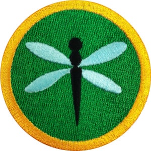 May include: A green and yellow embroidered patch with a black dragonfly with light blue wings.