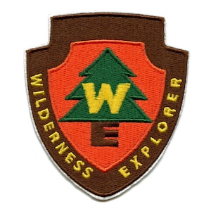 May include: A brown and yellow embroidered patch with a green pine tree and the text "WILDERNESS EXPLORER" around the tree. The tree has a yellow "W" in the center.
