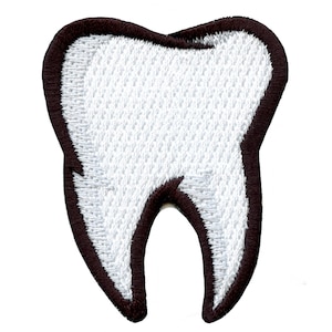 May include: Embroidered patch of a tooth. The tooth is white with a textured surface and a dark brown border. The patch is designed to be sewn or ironed onto fabric.