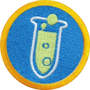 May include: A blue and yellow embroidered patch with a white outline of a test tube with green liquid and bubbles inside.