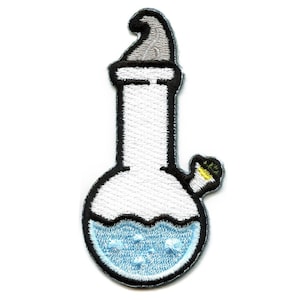 May include: White and black embroidered patch of a glass bong with a blue water level and a gray lid.