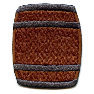 May include: A brown embroidered patch shaped like a barrel with two dark gray bands around the middle.
