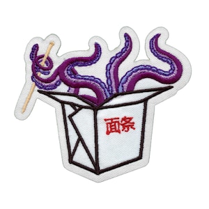 May include: An embroidered patch of a purple octopus emerging from a white takeout container with the Chinese character for "noodles" in red. A wooden chopstick is sticking out of the container.