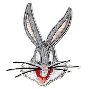 May include: A gray and white embroidered patch of Bugs Bunny's face with a red mouth and white teeth. The patch is on a white background.