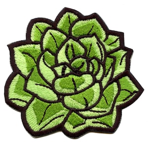 May include: Green embroidered patch of a stylized succulent flower with dark brown outlines.