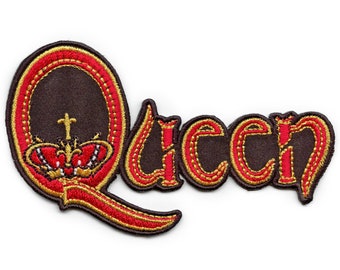 May include: An embroidered patch featuring the word Queen in a stylized font. The letters are dark brown with bright red and gold stitched borders. The large letter Q contains a detailed gold and red crown graphic with a cross at the top.