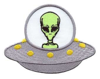 Toppa verde con scritta "Alieno in nave invasore UFO" ricamata e termoadesiva BC3