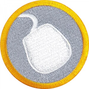 May include: A white embroidered mouse icon on a gray background with a yellow border. The mouse icon is a simple design with a rounded shape and a tail.