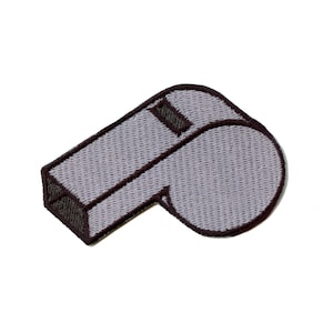 May include: A gray whistle with a black outline. The whistle is embroidered on a fabric patch.