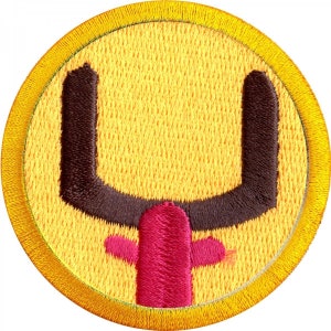 May include: A yellow embroidered patch with a brown U-shaped design and a red stem.