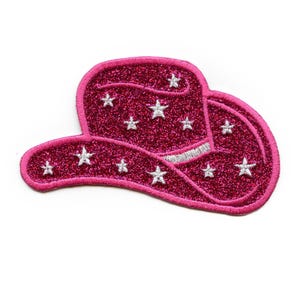 Rosa Glitter Cowgirl Hatt Tygmärke Stjärnor Western Broderad Stryk-på CE5