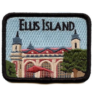 May include: Embroidered patch featuring a detailed image of Ellis Island, a historic landmark in New York City. The patch is rectangular and has a black border. The image shows a building with a red roof and a clock tower, surrounded by trees. The text "ELLIS ISLAND" is embroidered in black at the top of the patch.
