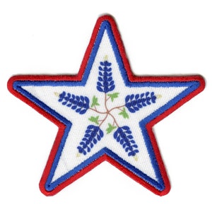 May include: A red and blue star-shaped patch with a white background and a design of five bluebonnets in the center.