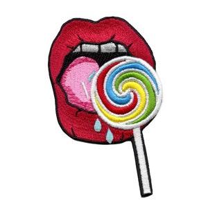 Lips Licking Lollipop Patch Iconic Artist Candy Embroidered Iron On EC1