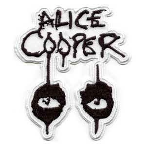 May include: White embroidered patch with black lettering that reads "Alice Cooper" with two black embroidered eyes below.