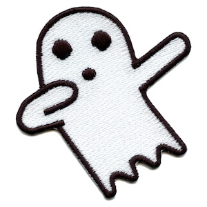 May include: White ghost with black outline, doing the dab dance. The ghost has two black eyes and a black mouth.