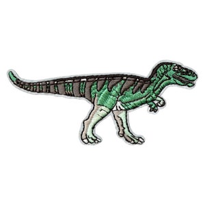 May include: Green and brown embroidered dinosaur patch. The dinosaur is walking with its mouth open and its head turned to the side.