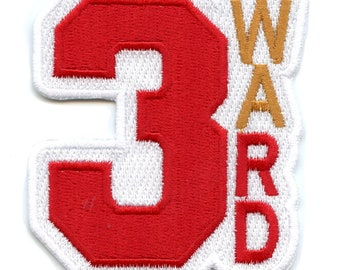 May include: Red felt number 3 with white outline and a white felt background. The word "WARD" is stitched in gold felt on the right side of the number.