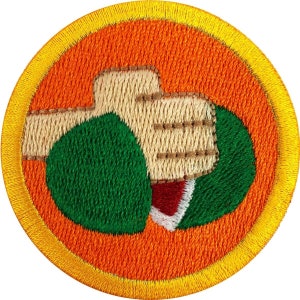 May include: A round, orange and yellow embroidered patch with a green and red image of a hand holding a ball.