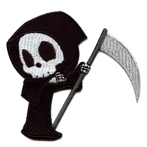 May include: Embroidered patch of a cartoon Grim Reaper in a black robe holding a silver scythe.