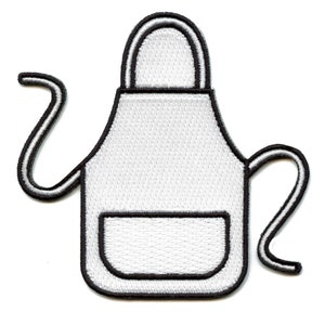 May include: A white apron with a black outline and a single pocket. The apron has two ties, one on each side.