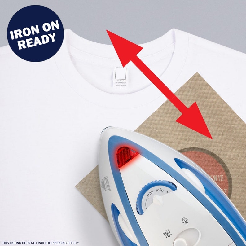 May include: A white t-shirt with a red arrow pointing to the top of the shirt. A white iron with a blue handle is on a brown surface with a red circle that says "WIE". The iron has a red light on the front and a dial that says "max" and "min". The text "IRON ON READY" is in a blue circle at the top of the image.