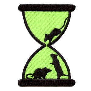 May include: A green hourglass with black outlines and three black silhouettes of mice inside. The mice are in different positions, one is climbing up the hourglass, one is standing, and one is sitting.