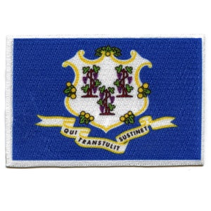 May include: A blue embroidered patch with the state seal of Connecticut. The seal features a white shield with three grapevines and the Latin motto "Qui Transtulit Sustinet".