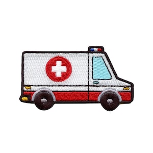 May include: White and red embroidered patch of an ambulance with a red cross on the side.
