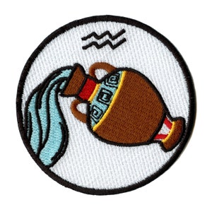 May include: Embroidered patch featuring the astrological symbol for Aquarius, a water pitcher pouring water, with a white background and black outline.