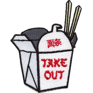 May include: Embroidered patch featuring a white take-out box with black trim and the words "TAKE OUT" in red. The box contains a dark gray food item and two chopsticks. Chinese characters are above the words "TAKE OUT".