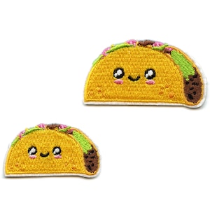 Parche de tacos kawaii con texto Happy Food bordado para planchar (2 piezas) AE6