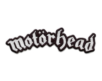 May include: Black and white embroidered patch with the word "Motorhead" in a stylized font.