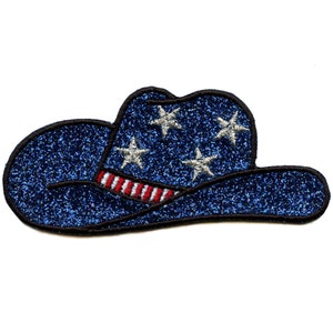 May include: A blue glitter cowboy hat with white stars and a red and white striped band.