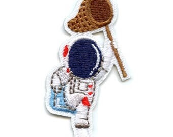 Piccola toppa ricamata con astronauta che tiene una rete, insetto dello spazio, da stirare BE1