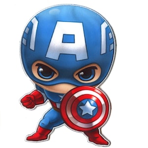 May include: A cartoon illustration of Captain America in a red, white and blue costume, holding his shield. He has a determined expression on his face.
