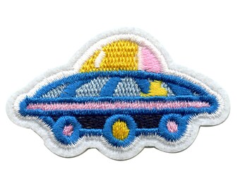 Toppa ricamata con astronave aliena blu UFO, spazio esterno, piccola, EE3