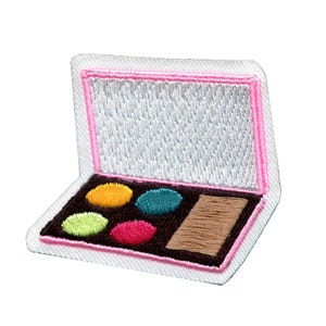 May include: A white and pink makeup palette with four colorful eyeshadows and a brown powder. The palette is open and the eyeshadows are visible.