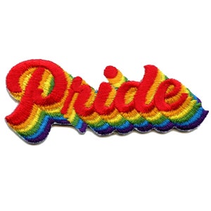 May include: Rainbow embroidered patch with the word "Pride" in a stylised font.