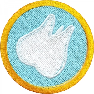 May include: A white embroidered cloud shape on a light blue background with a yellow border.