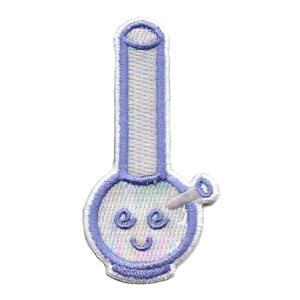 May include: A white and blue embroidered patch of a cartoon bong with a smiling face.