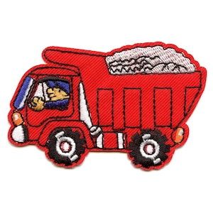 May include: Red embroidered iron-on patch of a dump truck with a driver in the cab and a load of gray gravel in the bed.