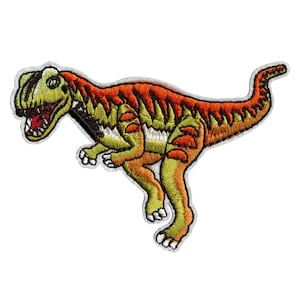 May include: An embroidered iron-on patch of a green, orange, and yellow dinosaur with a white background.
