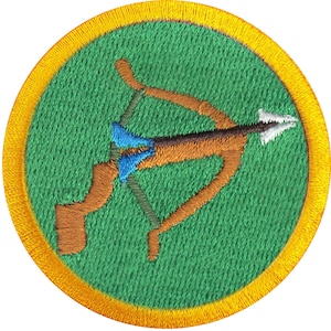 May include: An embroidered patch in green and yellow with a brown and white bow and arrow.