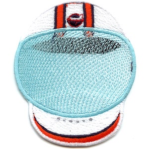 May include: White embroidered patch with a blue and orange striped band, a white visor, and a blue mesh visor. The patch is shaped like a baseball cap.