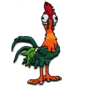 May include: Embroidered patch featuring a cartoon rooster with a surprised expression. The rooster has a red comb, orange body, green tail feathers, and white eyes. The patch is designed to be ironed on or sewn onto fabric.