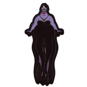 May include: Purple and black embroidered patch of Ursula from Disney's The Little Mermaid. She is wearing a black dress and has a purple necklace.