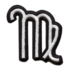 May include: Black and white embroidered iron-on patch of the Virgo zodiac sign.