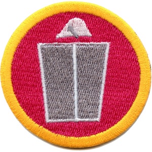 May include: A red and yellow embroidered patch with a gray silhouette of a building with a white roof.