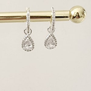 Pu&ograve; includere: Un paio di orecchini a cerchio d'argento con un cristallo a forma di lacrima che pende da ogni cerchio.